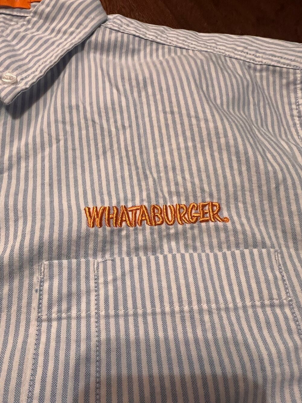 Whataburger Striped Blue & White Orange Logo Manager Dress Shirt Great Sz S EUC